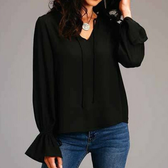 Women's Black Crepe Ruffle Sleeve Tie Up Blouse, by Stetson sz XS - Picture 1 of 4